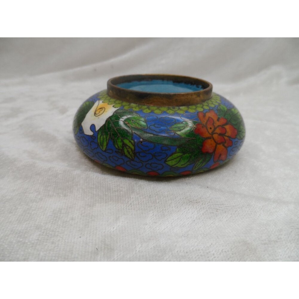 Vintage Chinese Cloisonné Enamel Round Ashtray Blue Floral Trinket Dish 3.5” - Picture 10 of 13